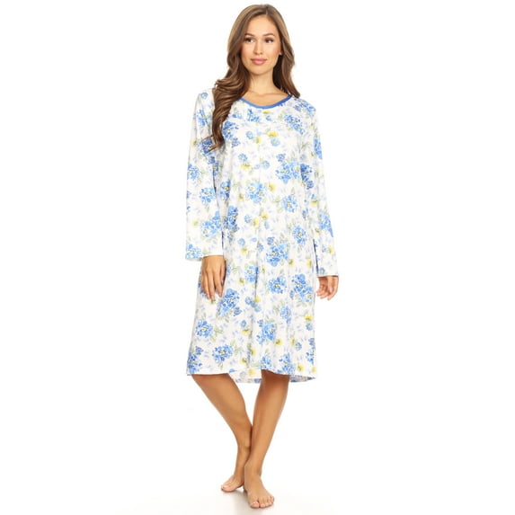 Lati Fashion Women Nightgown Sleepwear Pajamas Female Long Sleeve Sleep Dress Nightshirt Blue XL