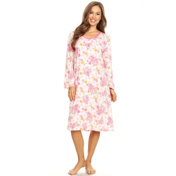Lati Fashion Women Nightgown Sleepwear Pajamas Female Long Sleeve Sleep Dress Nightshirt Pink XXL