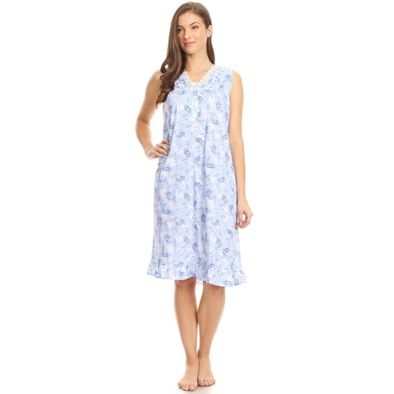 Lati Fashion Women Nightgowns Short Sleeve Female Nightgowns & Sleepshirts Blue L
