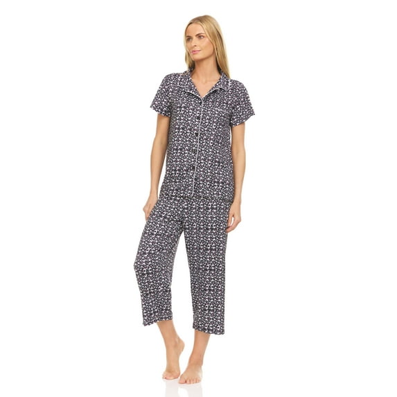 Lati Fashion Women Pajamas Set Capri and Button Down Top Short Sleeve, 2-Piece Female Pajamas Set Black L