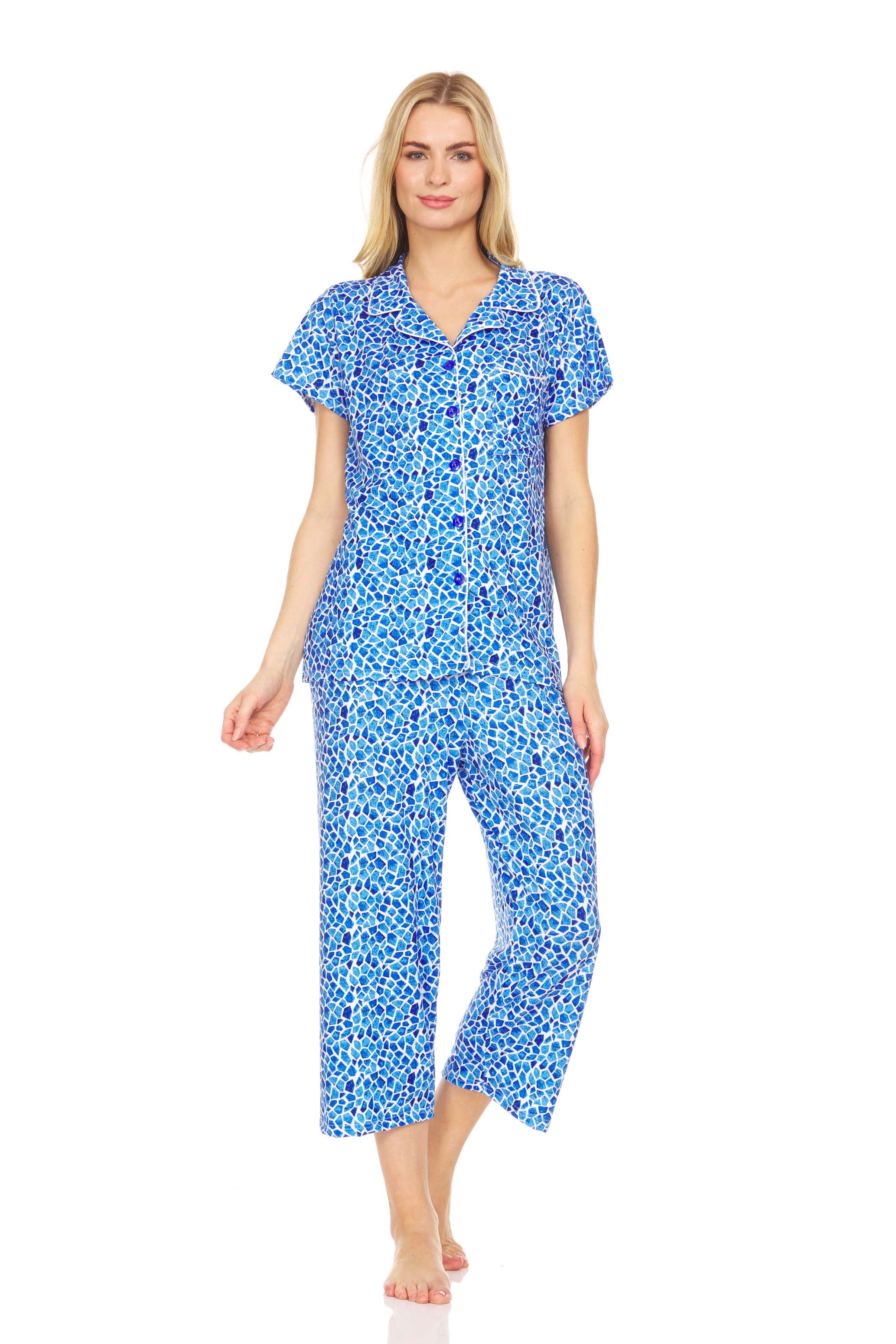 Lati Fashion Women Pajamas Set Capri and Button Down Top Short Sleeve