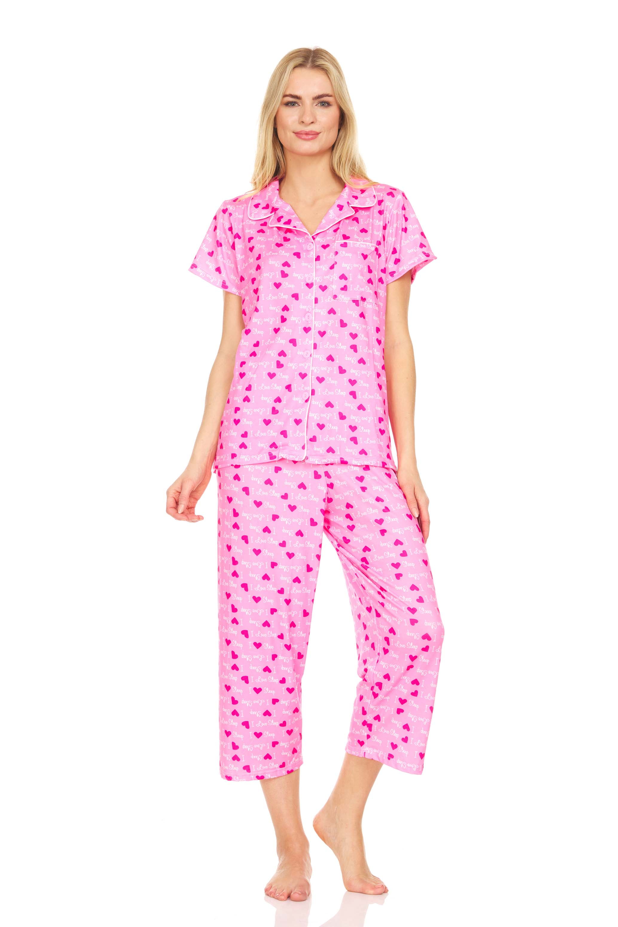 Lati Fashion Women Pajamas Set Capri and Button Down Top Short Sleeve, 2-Piece  Female Pajamas Set Pink M 