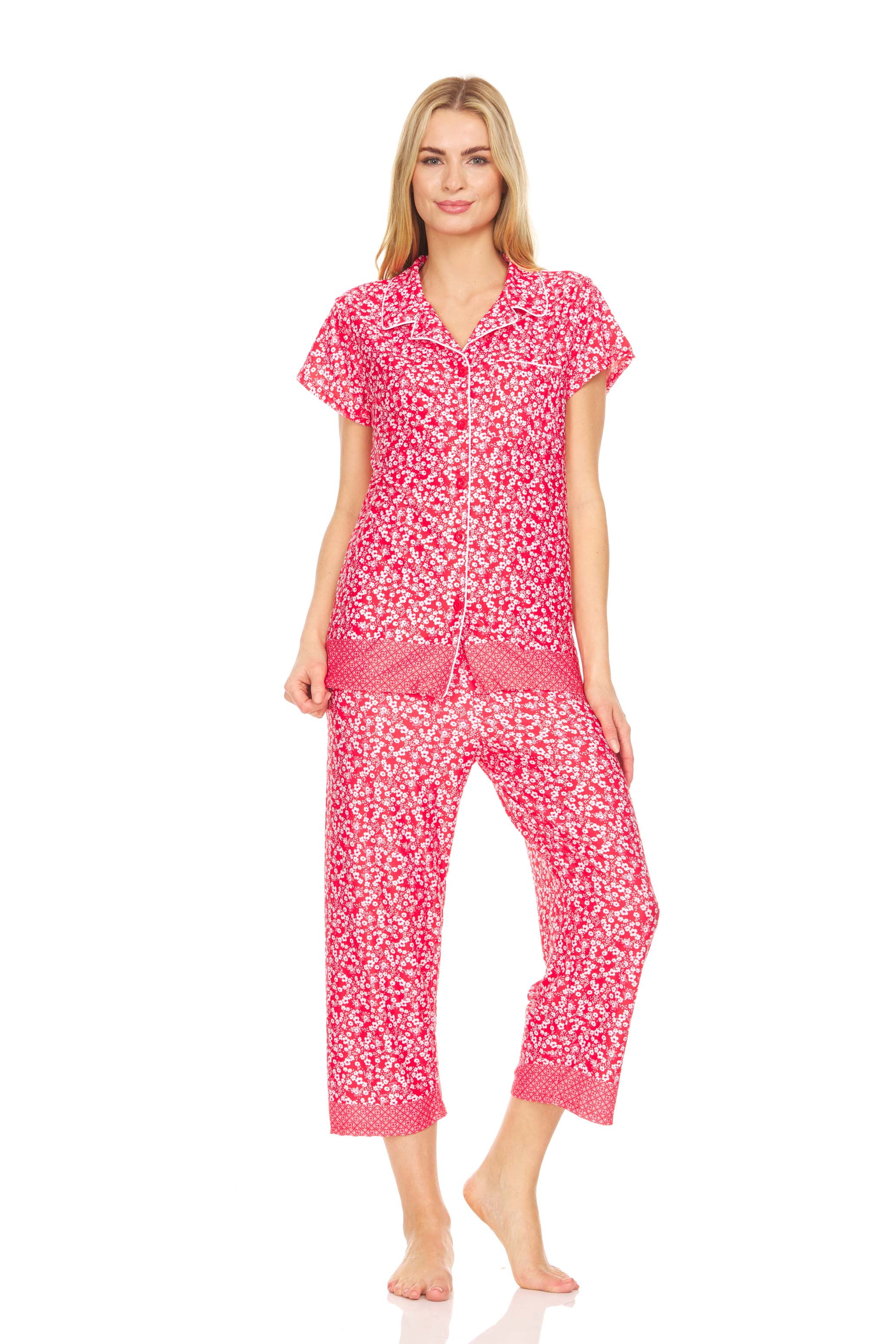 Lati Fashion Women Pajamas Set Capri and Button Down Top Short Sleeve,  2-Piece Female Pajamas Set Red XXL