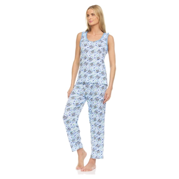 Lati Fashion Women Sleeveless Pajamas Pants Set Female Sleepwear Blue Size X-Large