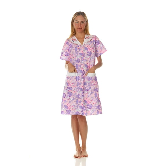 Lati Fashion Women Snaps Front Duster Short Sleeve Female Nightgowns & Sleepshirts Pink Size Medium