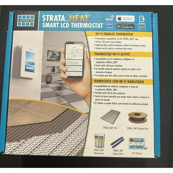 Laticrete 0804-0404-TW Strata Heat Smart Touch LCD WiFi Programmable Floor Heating Thermostat, for Smart Home Platforms, 120V/240V Heating Cables, with Smart GPS-Based System and Built-in GFCI