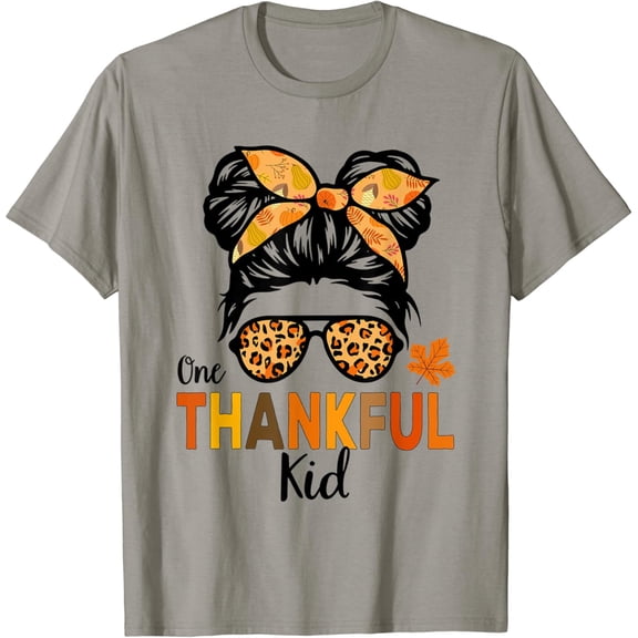 Latimore One Thankful Thanksgiving Girl Messy Bun Leopard T-Shirt All Size S-5Xl