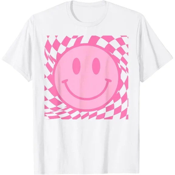 Latimore Retro Happy Smile Face Smiling Checkered Pattern Pink Trendy T-Shirt All Size S-5Xl