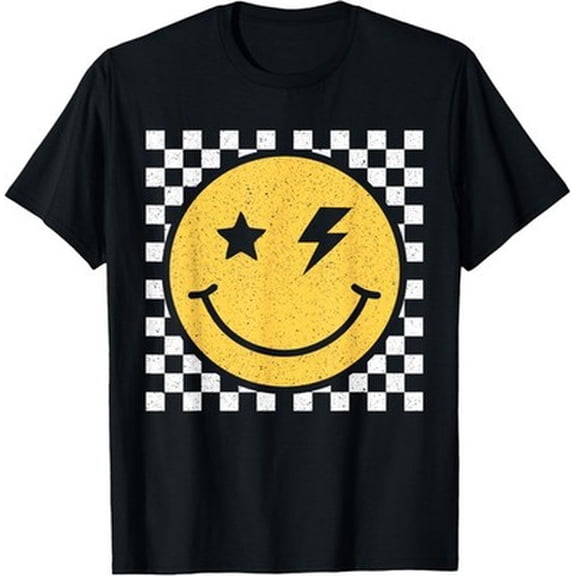 Latimore Retro Yellow Happy Face Checkered Pattern Smile Face Trendy T-Shirt All Size S-5Xl