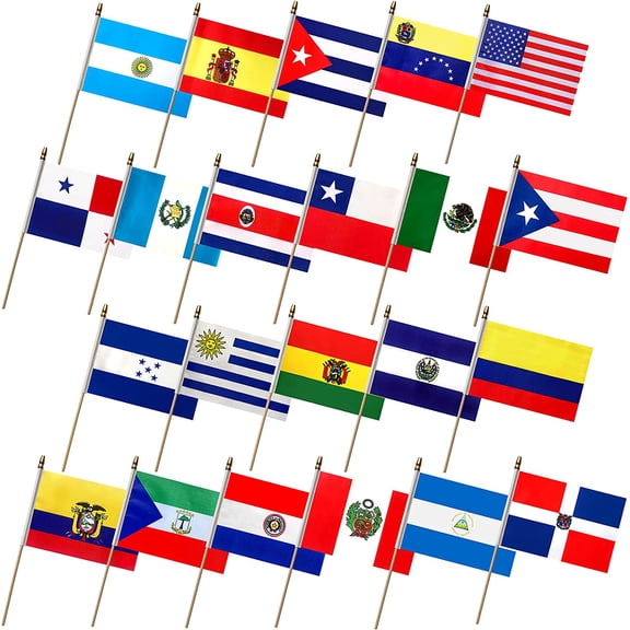 Latin America 22 Countries Flags on Stick Small Mini Spanish Language Speaking Country Hand Held Flag,5x8 Inch,22 Pack