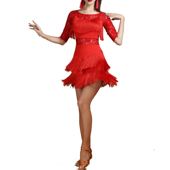 Latin Bachata Merengue Reggaeton Dance Dress Tassel Women'S Performance 3/4 Length Sleeve