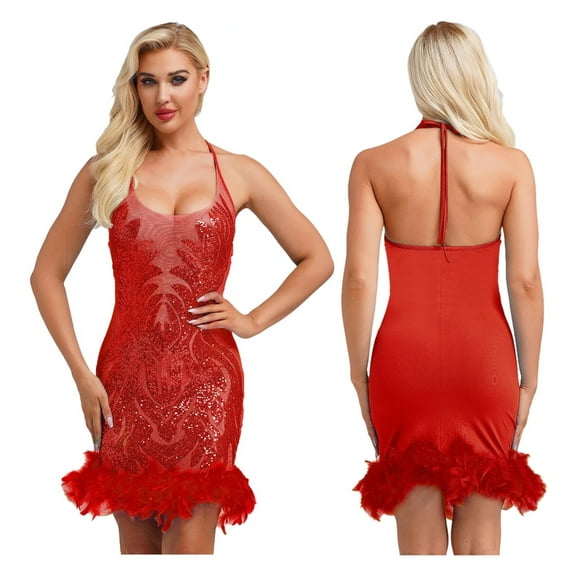 Latin Ballroom Performance Dress Women Halter Sleeveless Sheer Mesh Bodycon Lyrical Sequined