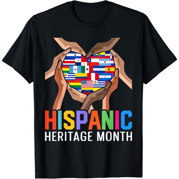 Latin Countries Hands Heart Flags Hispanic Heritage Month T-ShirtMen and women, Black T-shirt, size: Extra large