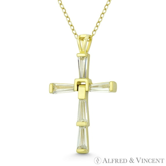Latin Cross 5-Stone Baguette Cut Cubic Zirconia CZ Crystal 34x20mm (1.3x0.8in) Christian Pendant & Chain Necklace in .925 Sterling Silver w/ 14k Yellow Gold