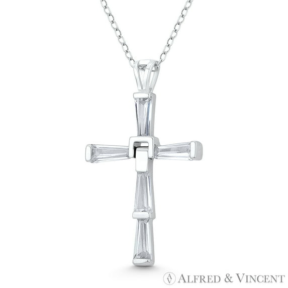 Latin Cross 5-Stone Baguette Cut Cubic Zirconia CZ Crystal 34x20mm (1.3x0.8in) Christian Pendant & Chain Necklace in .925 Sterling Silver w/ Rhodium