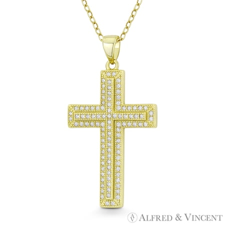 Latin Cross Cubic Zirconia CZ Crystal Pave 35x20mm (1.4x0.8in) Christian Pendant in .925 Sterling Silver w/ 14k Yellow Gold