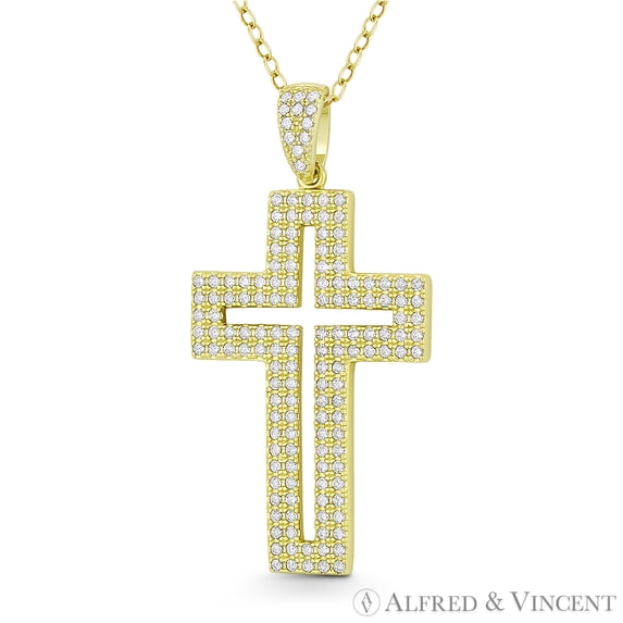 Latin Cross Cubic Zirconia CZ Crystal Pave 39x20mm (1.5x0.8in) Christian Pendant in .925 Sterling Silver w/ 14k Yellow Gold