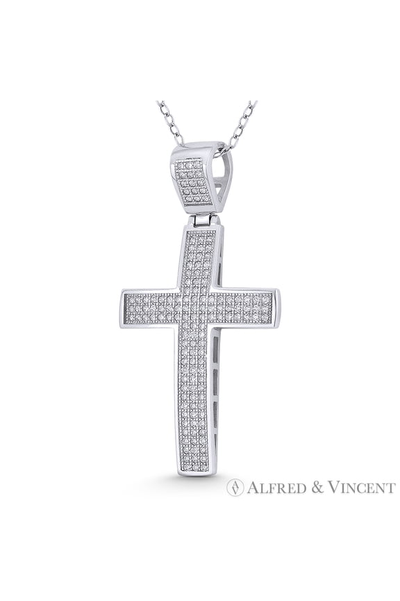Latin Cross Cubic Zirconia CZ Crystal Pave 43x22mm (1.7x0.9in) Christian Pendant & Chain Necklace in .925 Sterling Silver w/ Rhodium