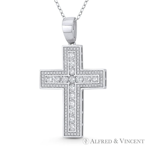 Latin Cross Cubic Zirconia CZ Crystal Pave 45x25mm (1.8x1in) Christian Pendant & Chain Necklace in .925 Sterling Silver w/ Rhodium