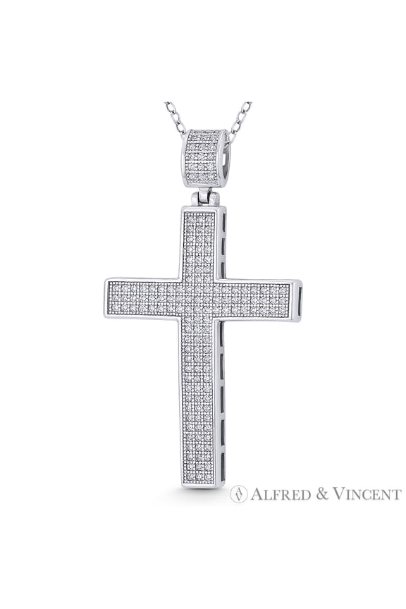 Latin Cross Cubic Zirconia CZ Crystal Pave 45x26mm (1.8x1in) Christian Pendant & Chain Necklace in .925 Sterling Silver w/ Rhodium