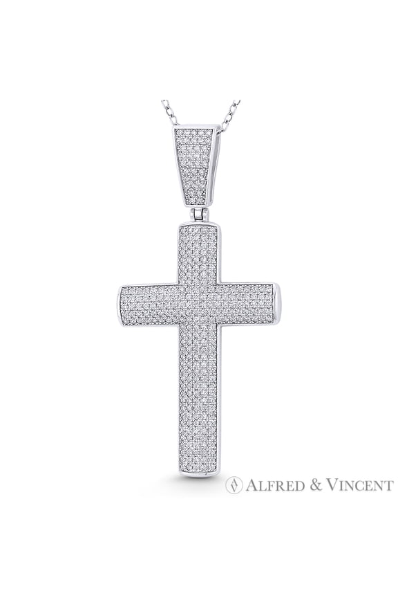Latin Cross Cubic Zirconia CZ Crystal Pave 54x26mm (2.1x1in) Christian Pendant & Chain Necklace in .925 Sterling Silver w/ Rhodium