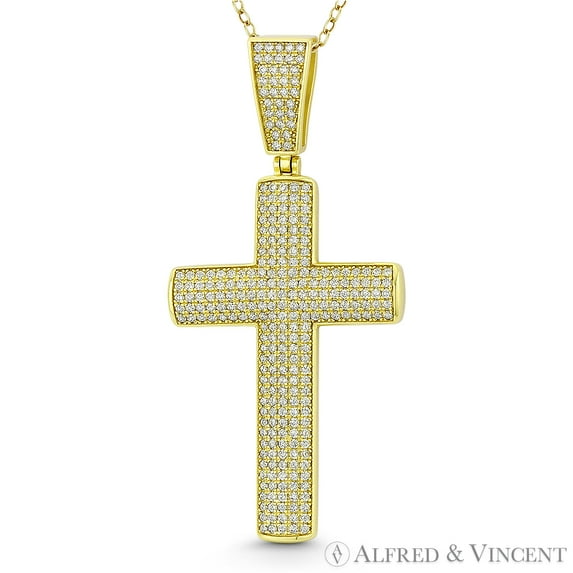 Latin Cross Cubic Zirconia CZ Crystal Pave 54x26mm (2.1x1in) Christian Pendant in .925 Sterling Silver w/ 14k Yellow Gold