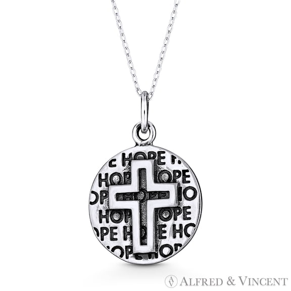 Latin Cross & "Hope" Script Circle Pendant & Chain Necklace in Oxidized .925 Sterling Silver