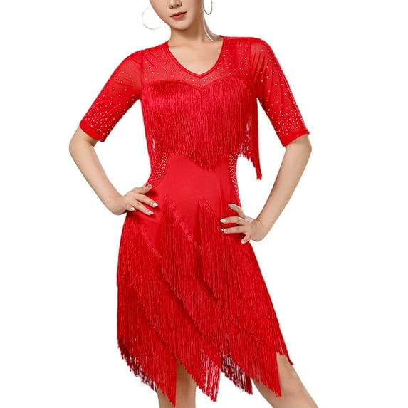 Latin Dance Dress Slimming Fringe Stage Performances Outfit Milk Silk Fabric Sparkling Sequins For Women