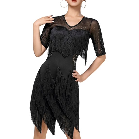 Latin Dance Dress Slimming Fringe Stage Performances Outfit Milk Silk Fabric Sparkling Sequins For Women