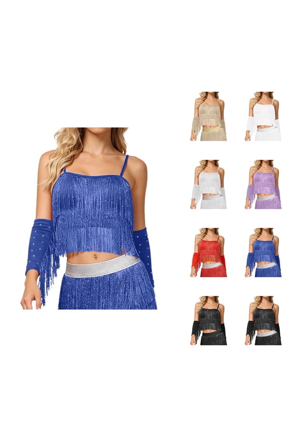 Latin Dance Sequin Fringe Crop Camisole Tops for Women Spaghetti Strap Sparkly Sequins Tassel Cami Tank Tops Belly Dance Top