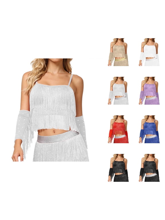 Latin Dance Sequin Fringe Crop Camisole Tops for Women Spaghetti Strap Sparkly Sequins Tassel Cami Tank Tops Belly Dance Top