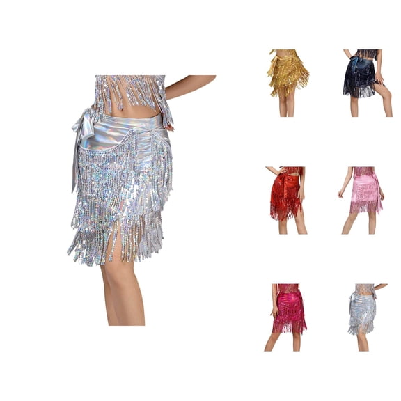 Latin Dance Skirt Hip Scarf with Sequin Tassel Belly Tango Dance Skirt Sparkly Sequin Fringe Skirts
