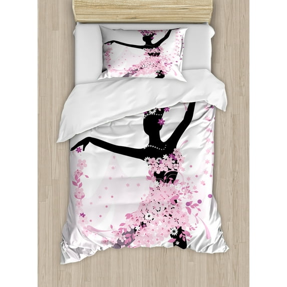 Latin Duvet Cover Set Twin Size, Silhouette of a Woman Dancing Samba Salsa Latin Dances Spain and Mexico Culture Print, Decorative 2 Piece Bedding Set with 1 Pillow Sham, Pink Black, by Ambesonne