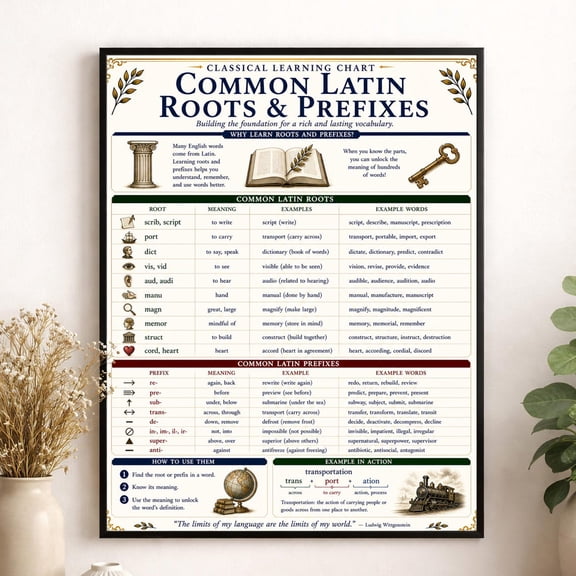 Latin Roots And Prefixes Wall Art Print, Unframed Paper Poster 8x10in