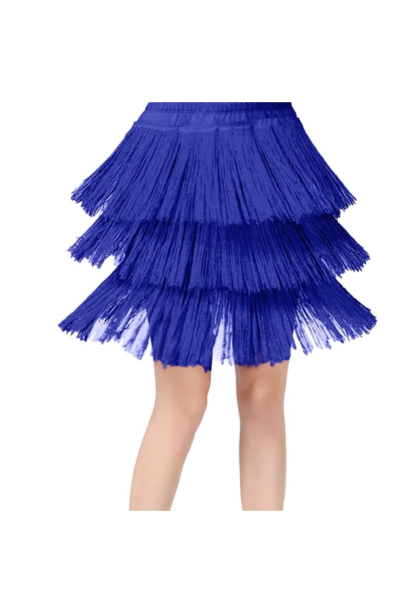 Latin Skirt for Girls Tassel Dance Ballroom Layered Fringe Kids Dress Dancewear(120 4-5 Years,Blue)