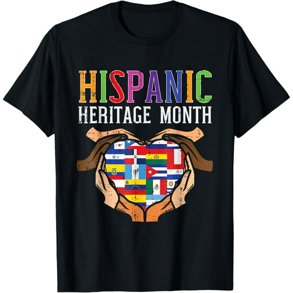 Latino Countries Flag Heart Shirt Hispanic Heritage Month T-ShirtMen and women, Black T-shirt, size: Extra large
