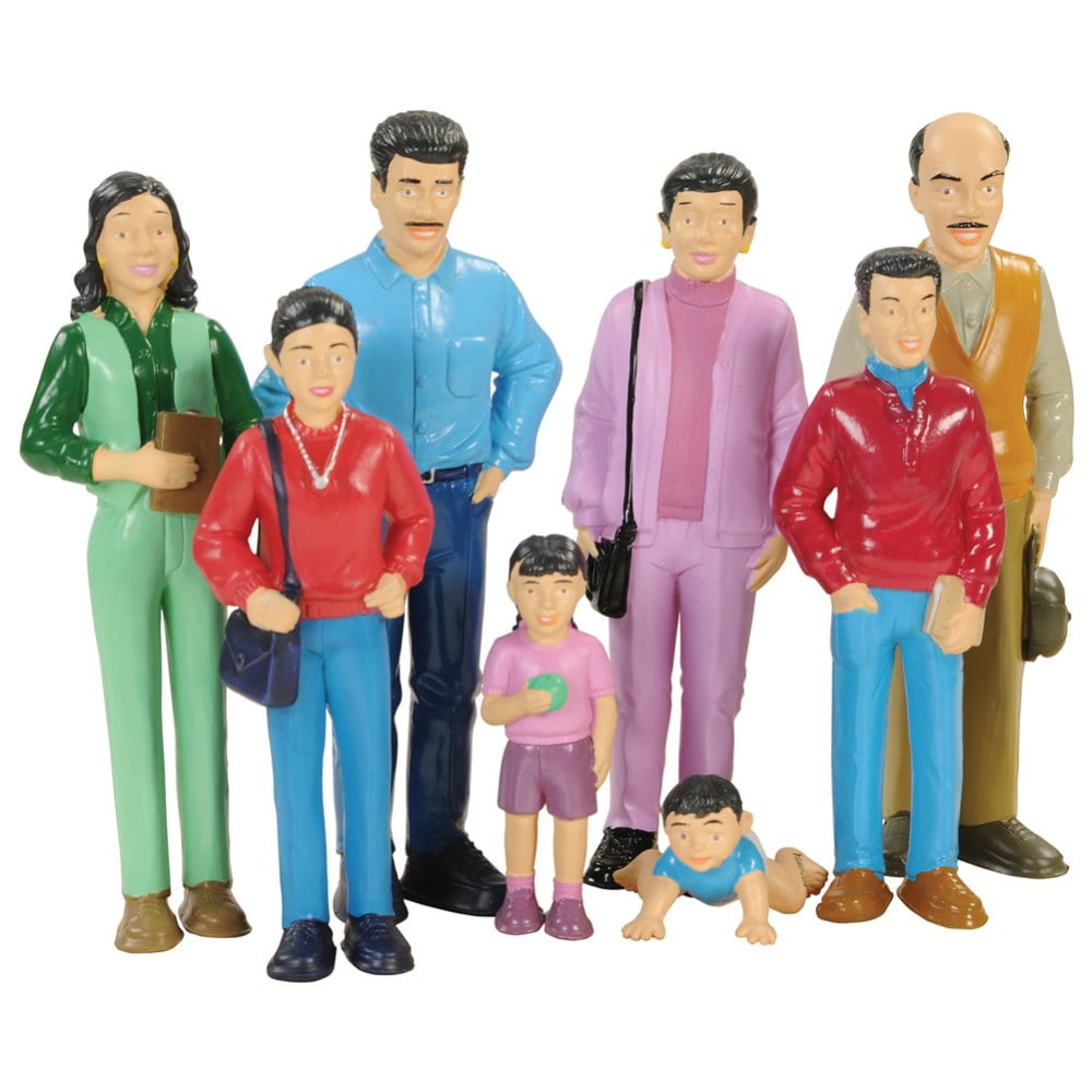 Inclusive Multicolor Vinyl Hispanic Family Doll Set, 8 Pieces