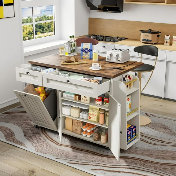 Latiret 60" Kitchen Island with Power Outlet & Drop Leaf, Kitchen Rolling Island with Spice Rack & Towel Rack, Knife Holder, Kitchen Island Cart with Trash Storage Cabinet, Island Table for Kitchen