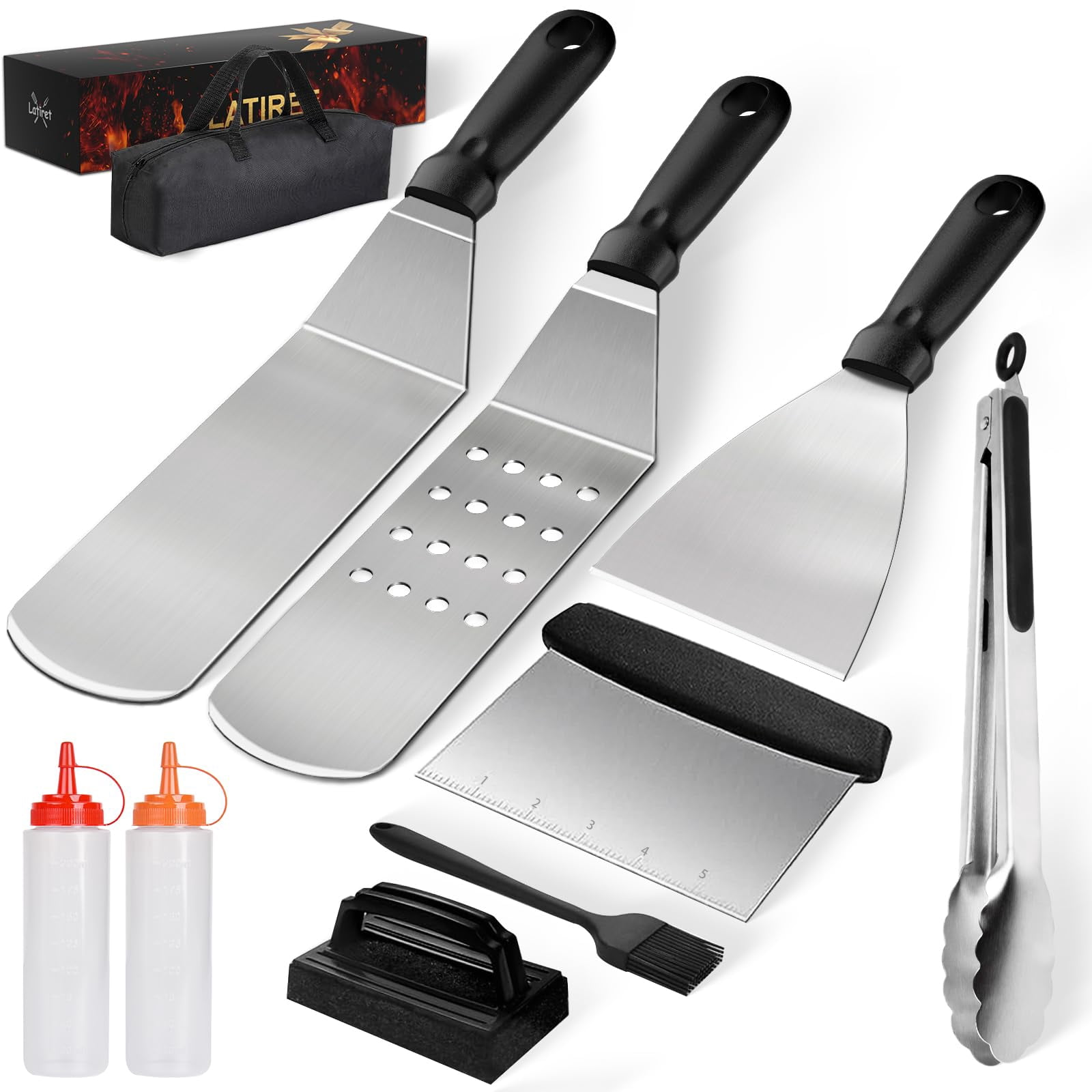 10Pcs Griddle Accessories Kit, Grilling Accessories Set For Blackstone And Camp Chef, Flat Top Grill Accessories Set With Spatulas, Scraper, Grill Press, Basting Cover For BBQ