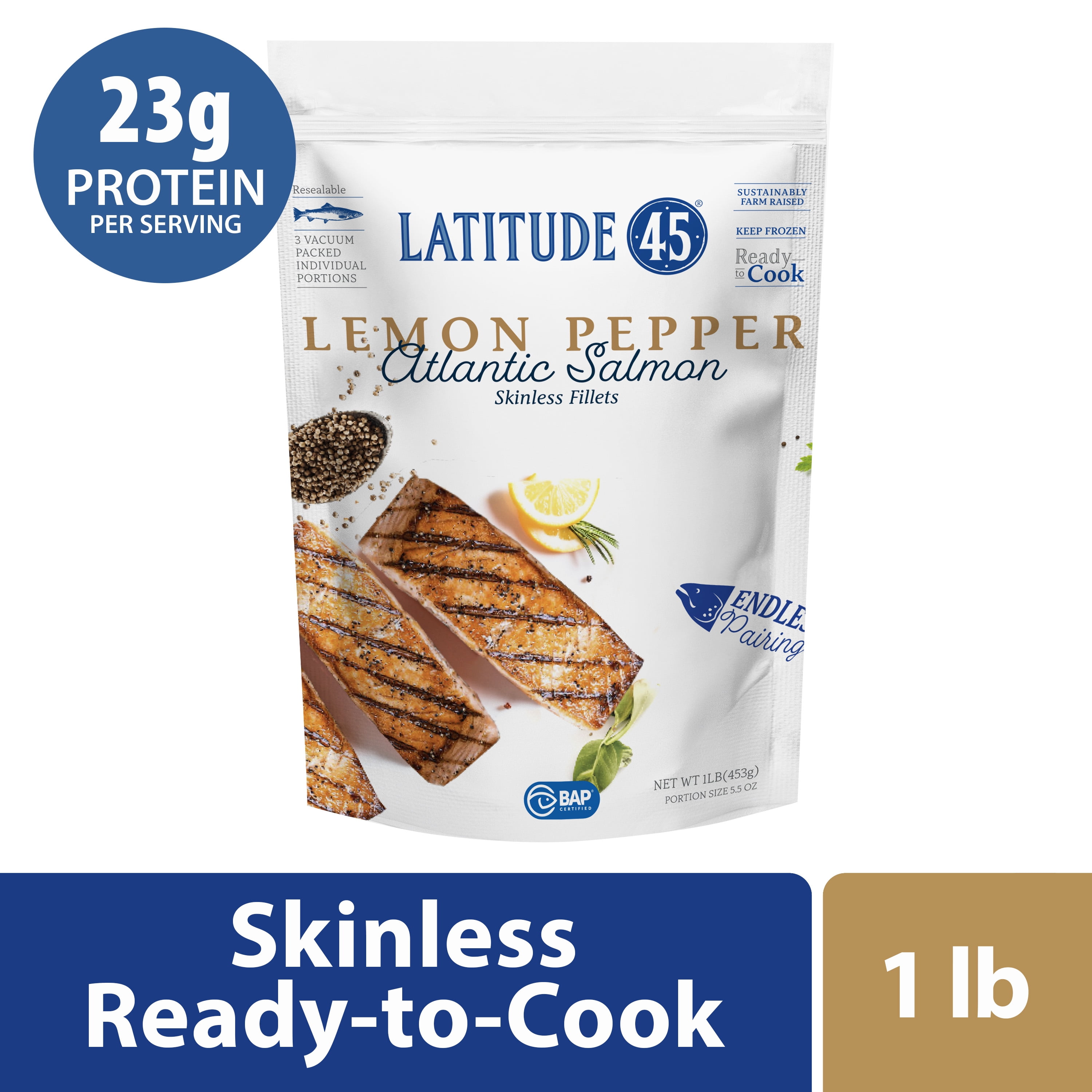 Latitude 45 Frozen Lemon Pepper Atlantic Salmon, 1 lb. Bag
