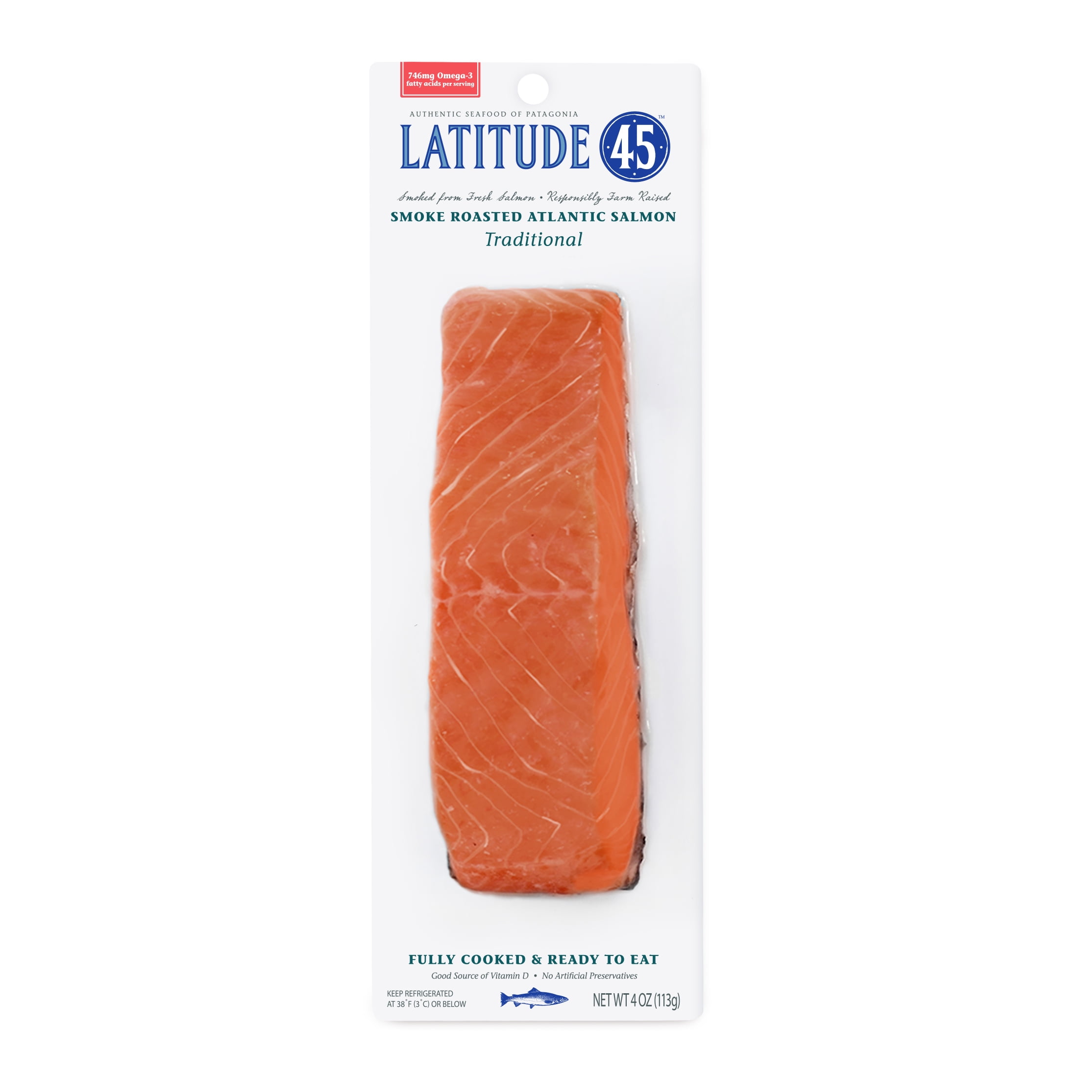 Latitude 45 Roasted Smoked Atlantic Salmon, 4oz package, 2 servings per container, serving size 2oz, 12g protein per serving.