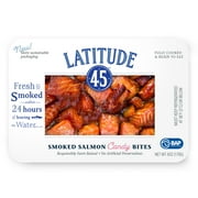 Latitude 45 Smoked Candy Salmon Bites, Ready to Eat Pack, 6oz serving size 2 ounces, 3 servings per container, 12g protein per serving.