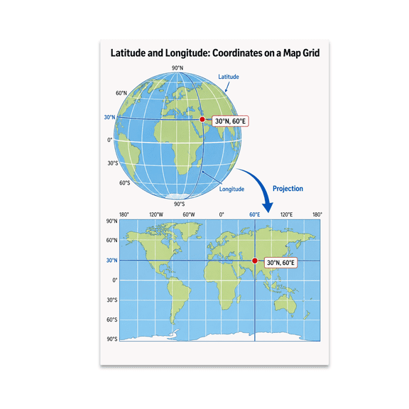 Latitude Longitude Educational Map Grid - Geography Teacher - 13x19 Poster Print