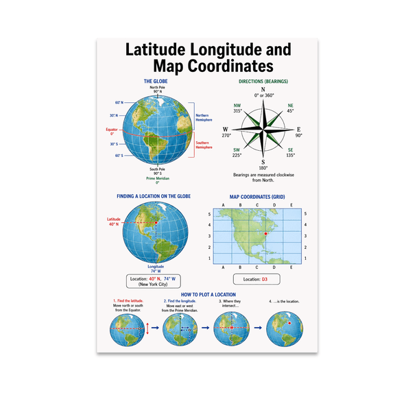Latitude Longitude and Map Coordinates Educational Reference - 13x19 Poster Print
