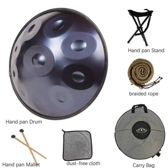 Latourreg 440Hz Tambourine drum in 22inch D Minor 10Notes Steel Tongue Blue Hand Pan Drum Instrument with Soft Hand Pan Bag, hand pan Mallet,Hand pan Stand,Dust-free