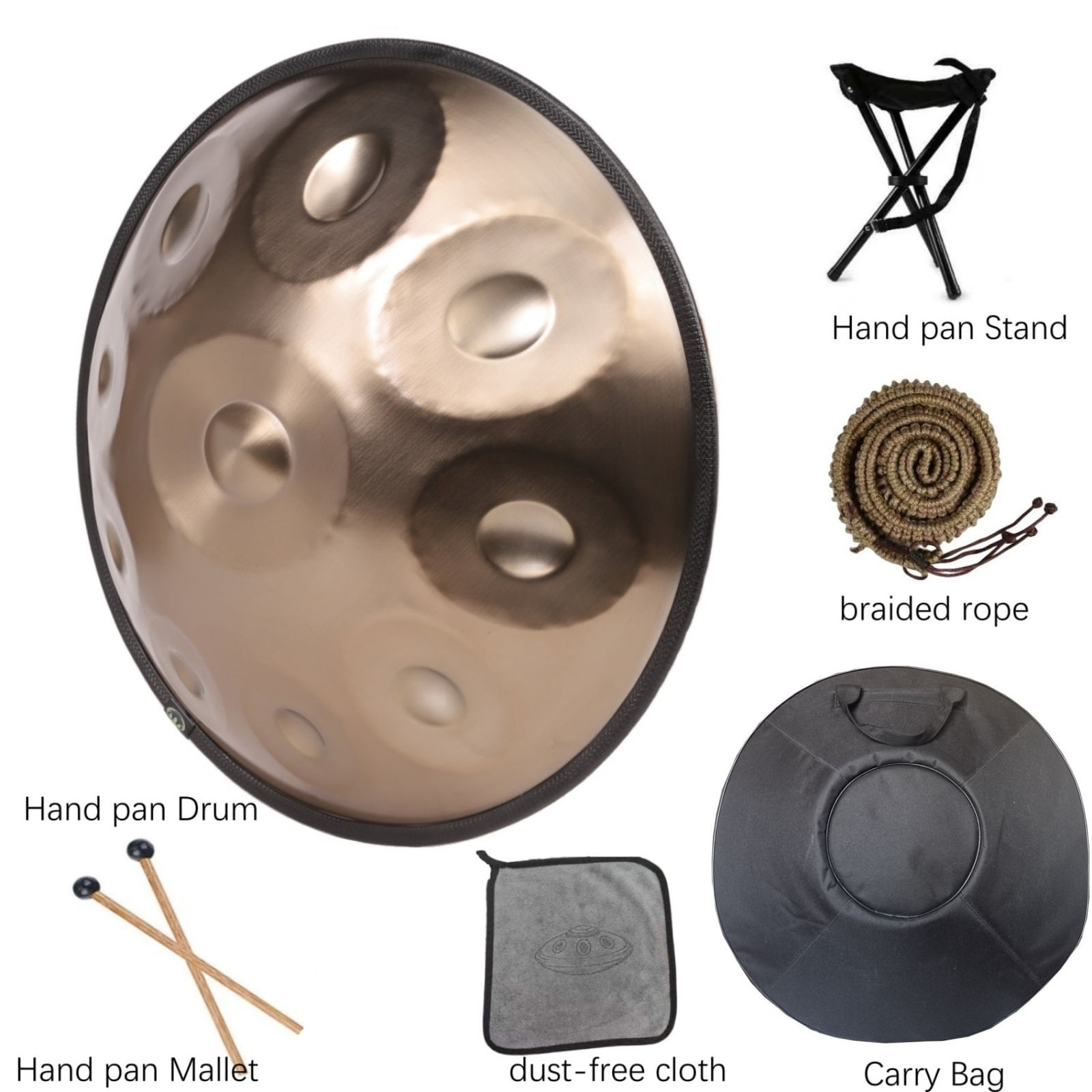 Latourreg 440Hz Tambourine drum in 22inch D Minor 10Notes Steel Tongue Gold Hand Pan Drum Instrument with Soft Hand Pan Bag, hand pan Mallet,Hand pan Stand,Dust-free
