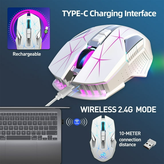 Latrodar 2.4G Wireless Mouse Game USB Charge 2400DPI Adjustable-Gaming Mouse Mice For PC Safe&Non-Toxic White 5.4x3.4 Inch Home Stuff