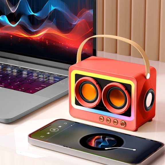 Gecau 360 Degree Stereo Sound Effect Long Battery Life Cool RGB Lighting Support Series Mirror Transparent Screen 5.3 Bluetooth Sound System Sturdy Red 5.48x3
