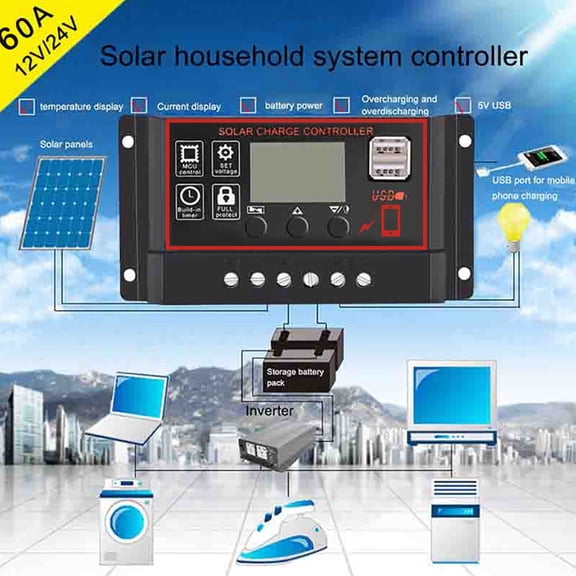 Latrodar 60A Solar Panel Controller Battery Charge Regulator 12V/24V Auto With USB High Durability Black 7.6x5.6 Inch Home Essentials