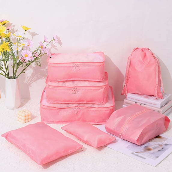 Gecau 7 Set Packing Cubes For Travel, Compression Luggage Organizers Set, Travel Packing Kit With Laundry Bag & Shoes Bag Pink Durable 8x0.4 Inch